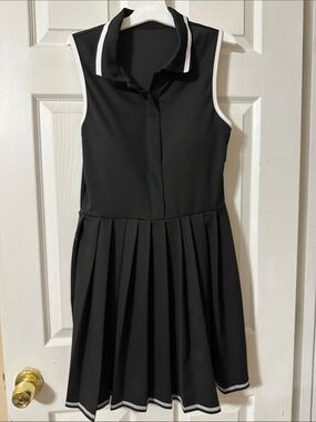 Sleeveless Tennis Black Polo-Style Pleated Mini Dress with White Trim with short